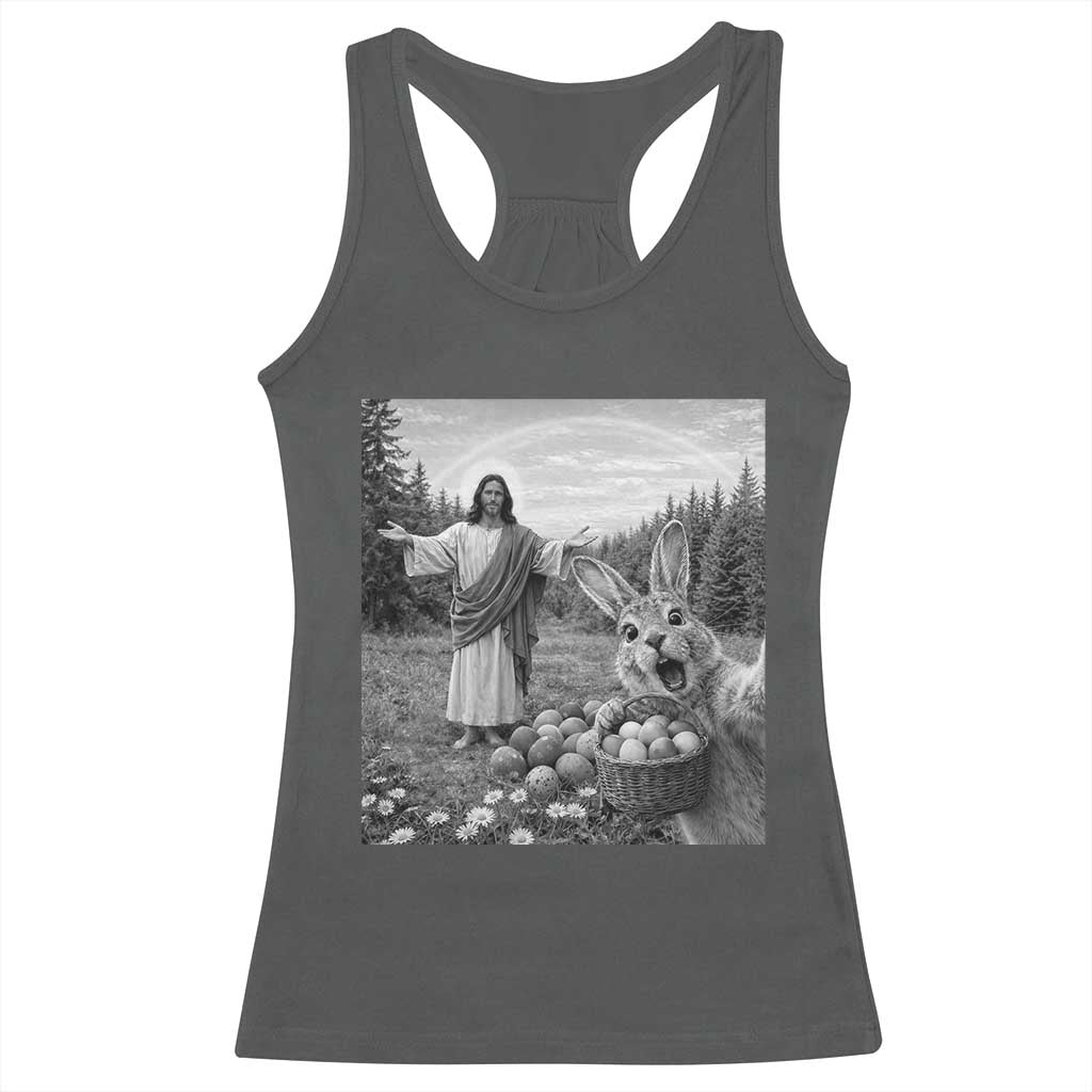 Funny Easter Jesus Racerback Tank Top Christian Jesus Bunny Selfie Religious TS14 Dark Heather Print Your Wear