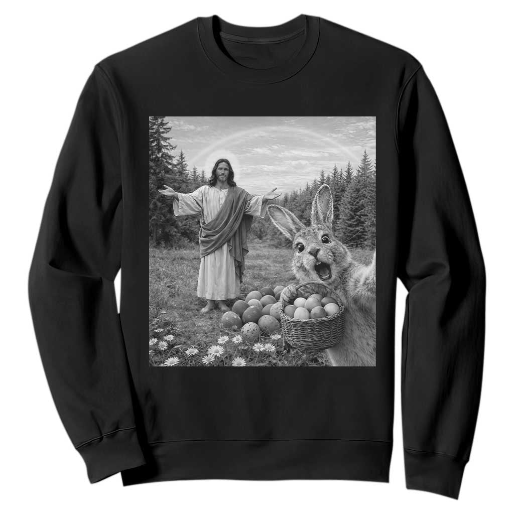 Funny Easter Jesus Sweatshirt Christian Jesus Bunny Selfie Religious TS14 Black Print Your Wear