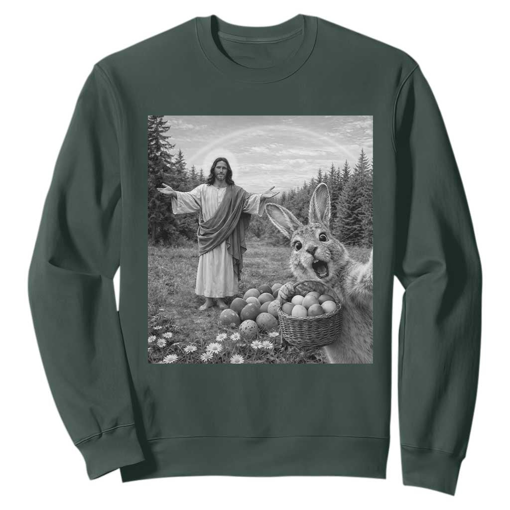Funny Easter Jesus Sweatshirt Christian Jesus Bunny Selfie Religious TS14 Dark Forest Green Print Your Wear