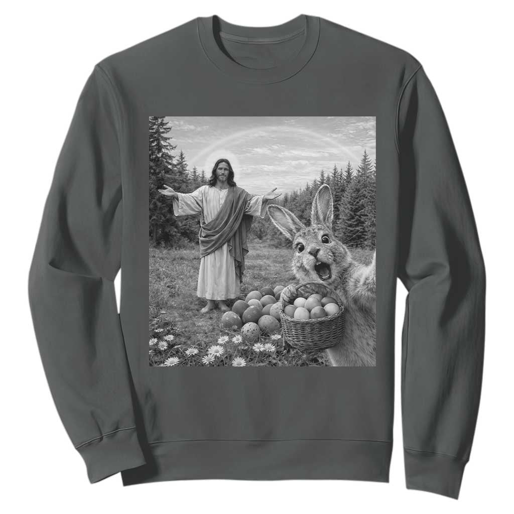 Funny Easter Jesus Sweatshirt Christian Jesus Bunny Selfie Religious TS14 Dark Heather Print Your Wear