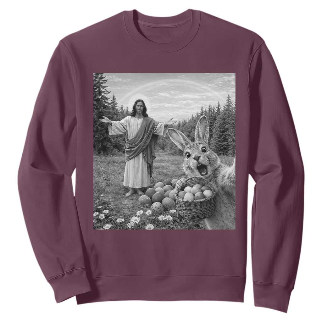 Funny Easter Jesus Sweatshirt Christian Jesus Bunny Selfie Religious TS14 Maroon Print Your Wear