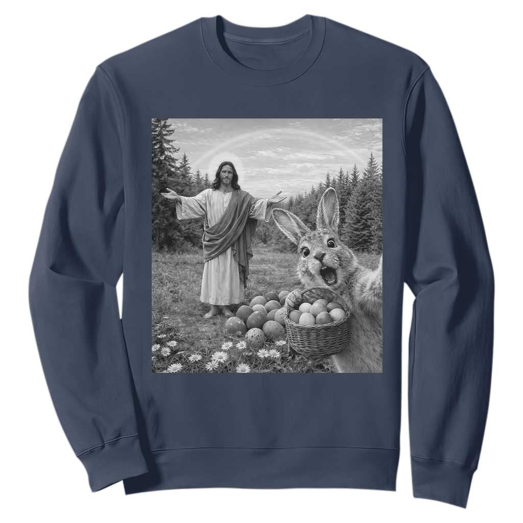 Funny Easter Jesus Sweatshirt Christian Jesus Bunny Selfie Religious TS14 Navy Print Your Wear