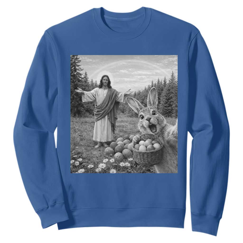 Funny Easter Jesus Sweatshirt Christian Jesus Bunny Selfie Religious TS14 Royal Blue Print Your Wear