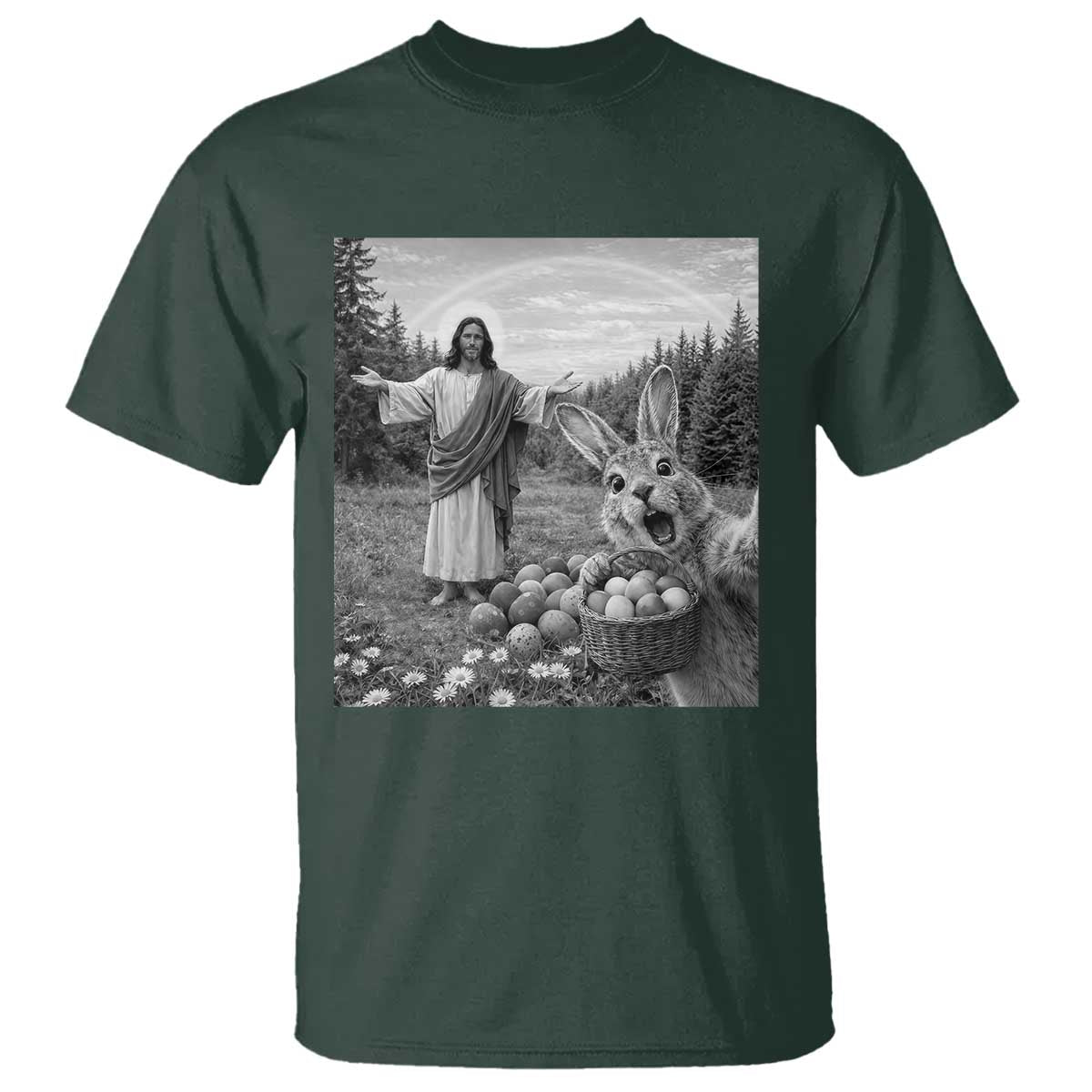 Funny Easter Jesus T Shirt Christian Jesus Bunny Selfie Religious TS14 Dark Forest Green Print Your Wear