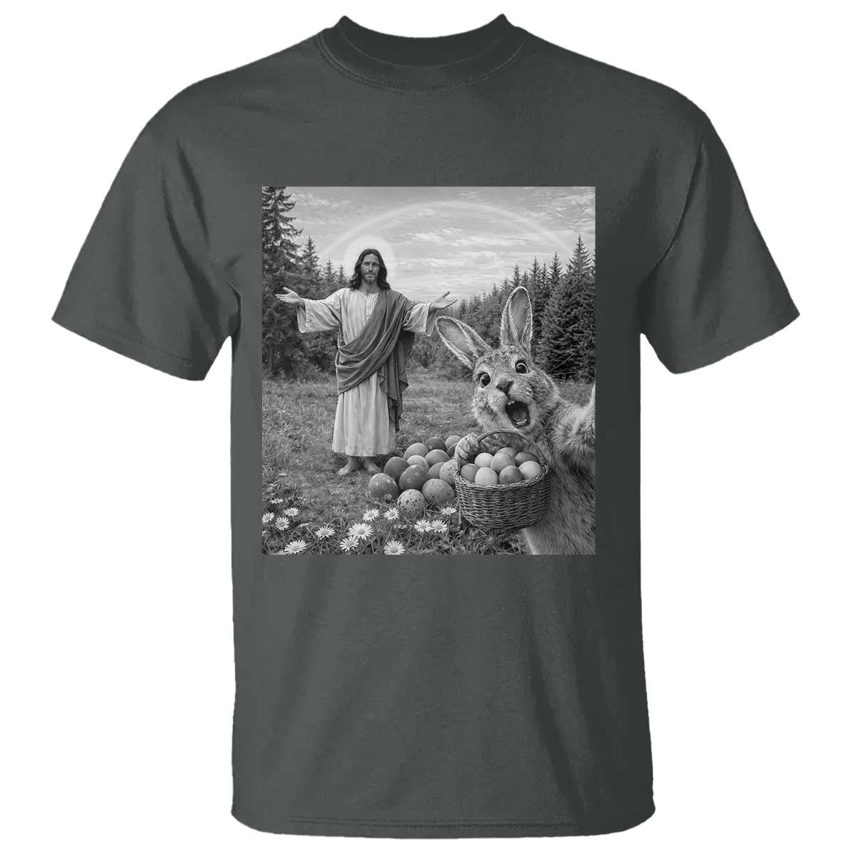Funny Easter Jesus T Shirt Christian Jesus Bunny Selfie Religious TS14 Dark Heather Print Your Wear