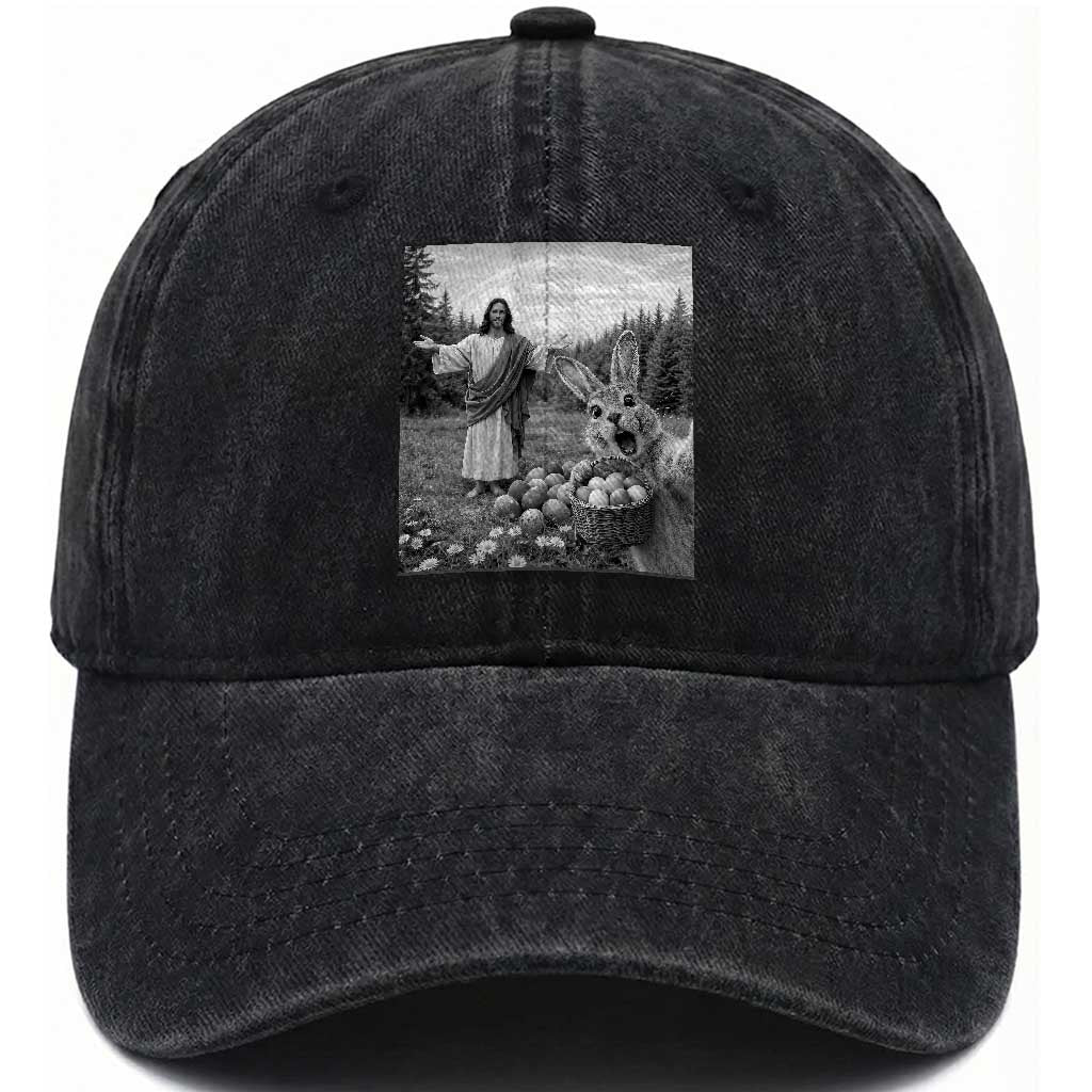 Funny Easter Jesus Washed Cotton Baseball Cap Christian Jesus Bunny Selfie Religious TS14 Washed Cap Universal Fit Black Print Your Wear