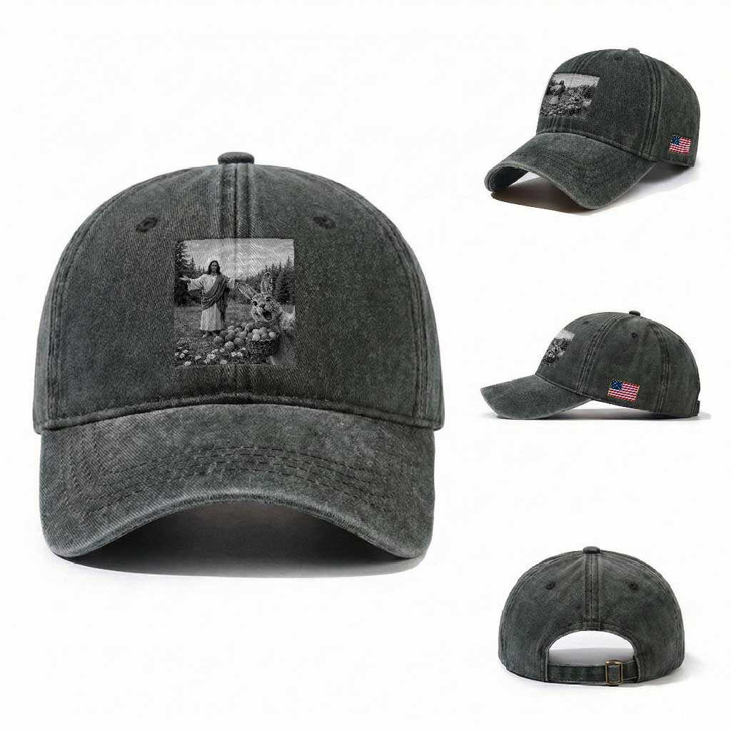 Funny Easter Jesus Washed Cotton Baseball Cap Christian Jesus Bunny Selfie Religious TS14 Washed Cap Universal Fit Dark Green Print Your Wear