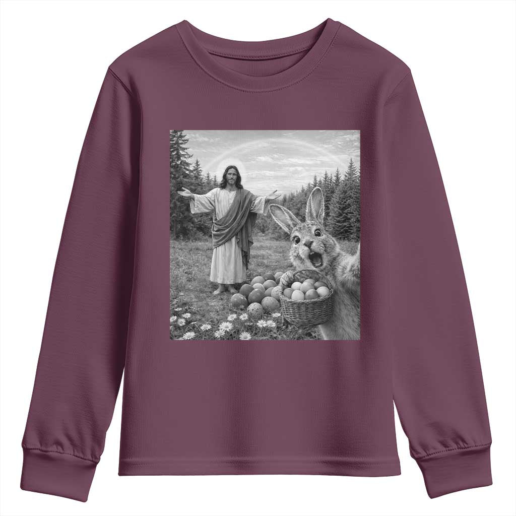 Funny Easter Jesus Youth Sweatshirt Christian Jesus Bunny Selfie Religious TS14 Maroon Print Your Wear