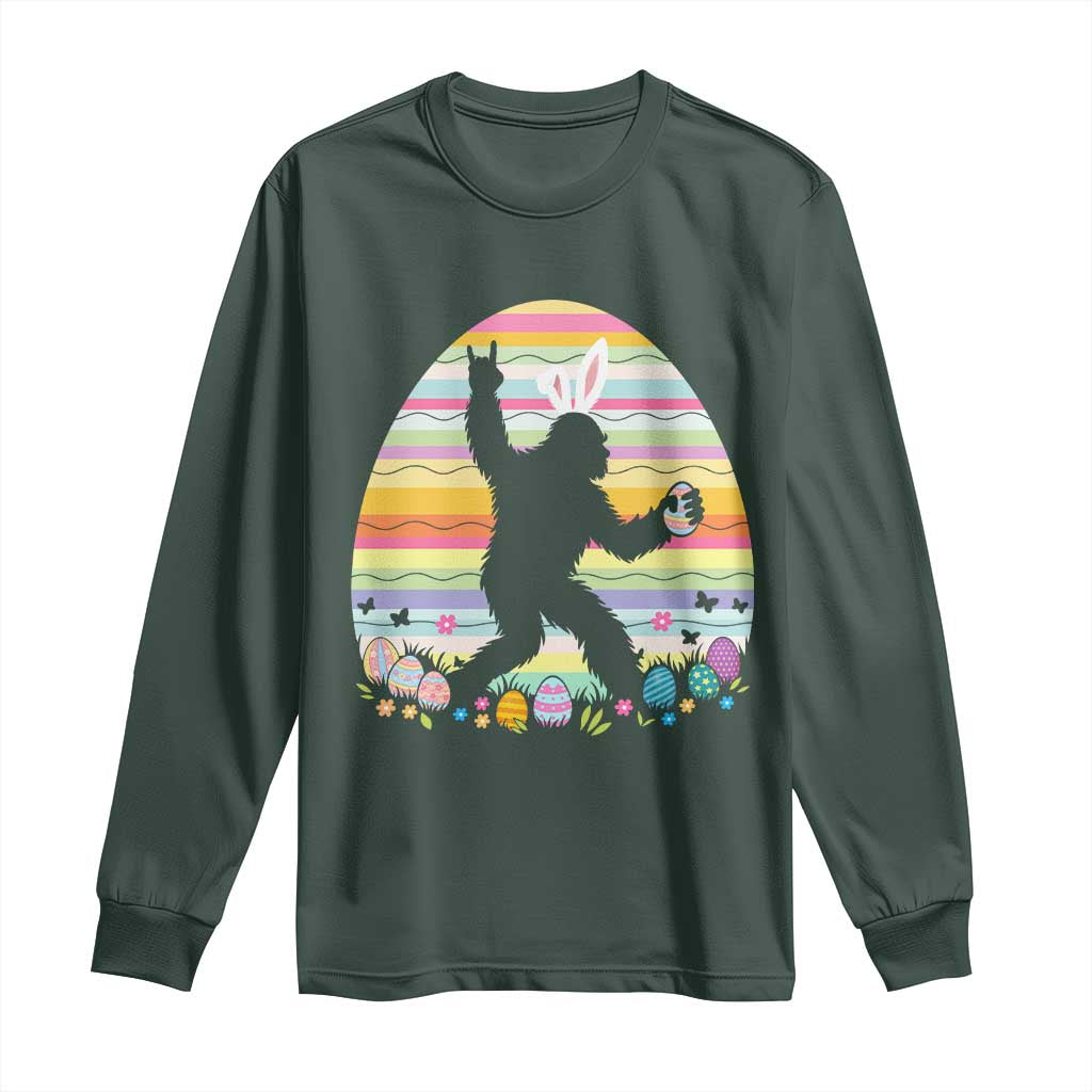 Funny Bigfot Easter Long Sleeve Shirt Sasquatch Rock On Rabbit TS14 Dark Forest Green Print Your Wear