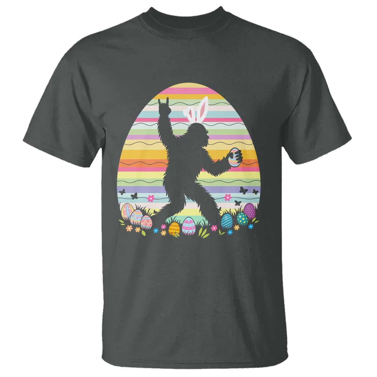 Funny Bigfot Easter T Shirt Sasquatch Rock On Rabbit TS14 Dark Heather Print Your Wear