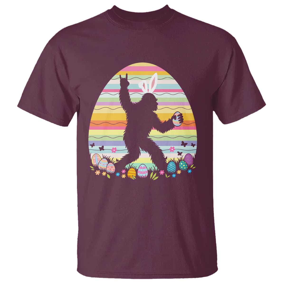 Funny Bigfot Easter T Shirt Sasquatch Rock On Rabbit TS14 Maroon Print Your Wear