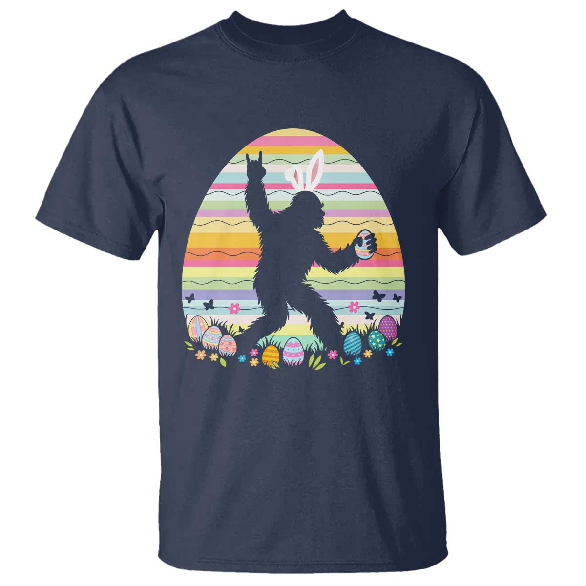 Funny Bigfot Easter T Shirt Sasquatch Rock On Rabbit TS14 Navy Print Your Wear