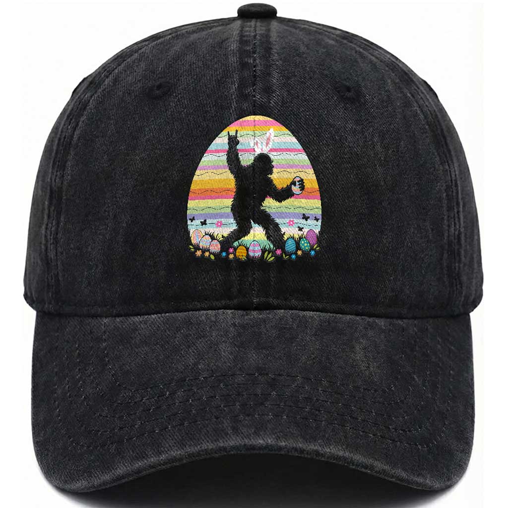 Funny Bigfot Easter Washed Cotton Baseball Cap Sasquatch Rock On Rabbit TS14 Washed Cap Universal Fit Black Print Your Wear