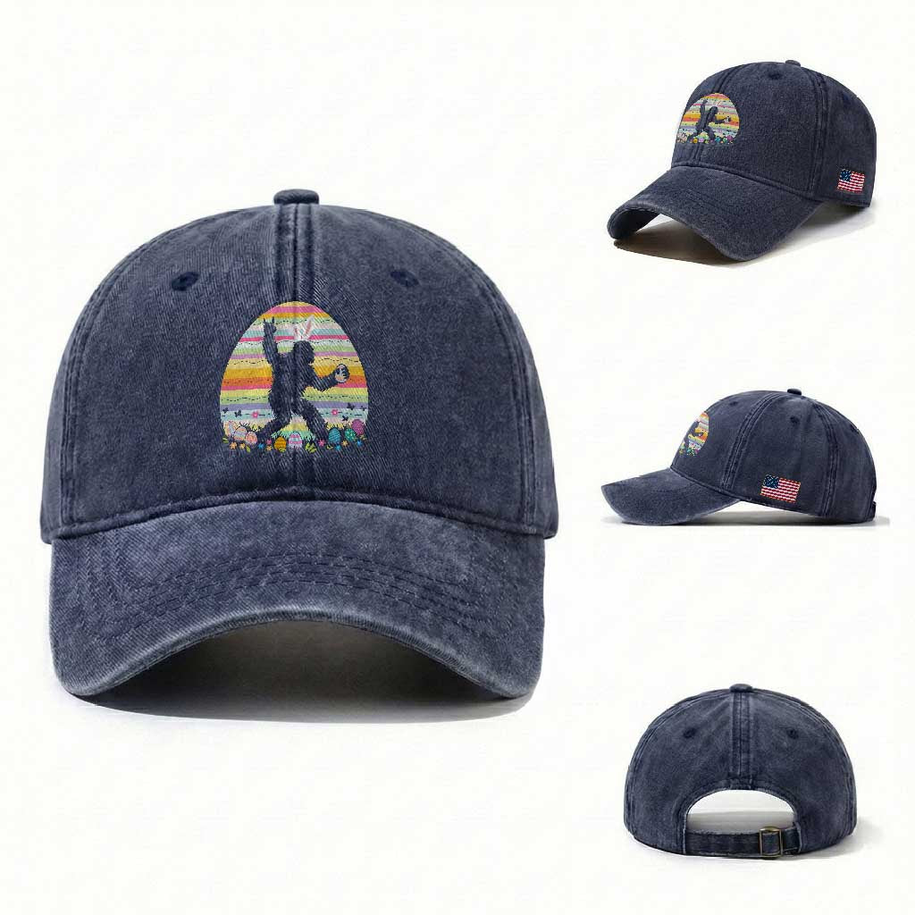 Funny Bigfot Easter Washed Cotton Baseball Cap Sasquatch Rock On Rabbit TS14 Washed Cap Universal Fit Navy Print Your Wear