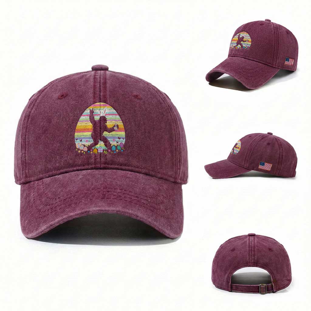 Funny Bigfot Easter Washed Cotton Baseball Cap Sasquatch Rock On Rabbit TS14 Washed Cap Universal Fit Burgundy Print Your Wear