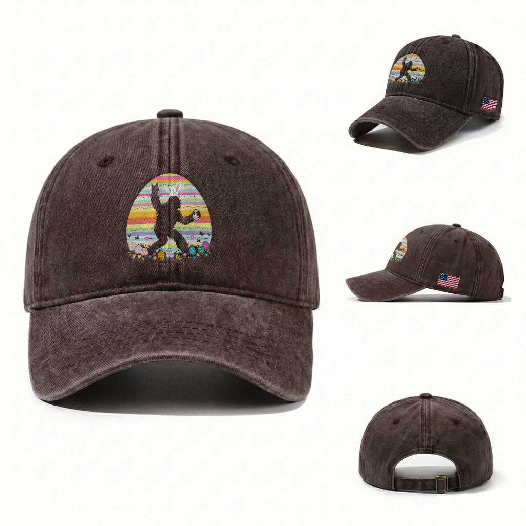 Funny Bigfot Easter Washed Cotton Baseball Cap Sasquatch Rock On Rabbit TS14 Washed Cap Universal Fit Dark Brown Print Your Wear