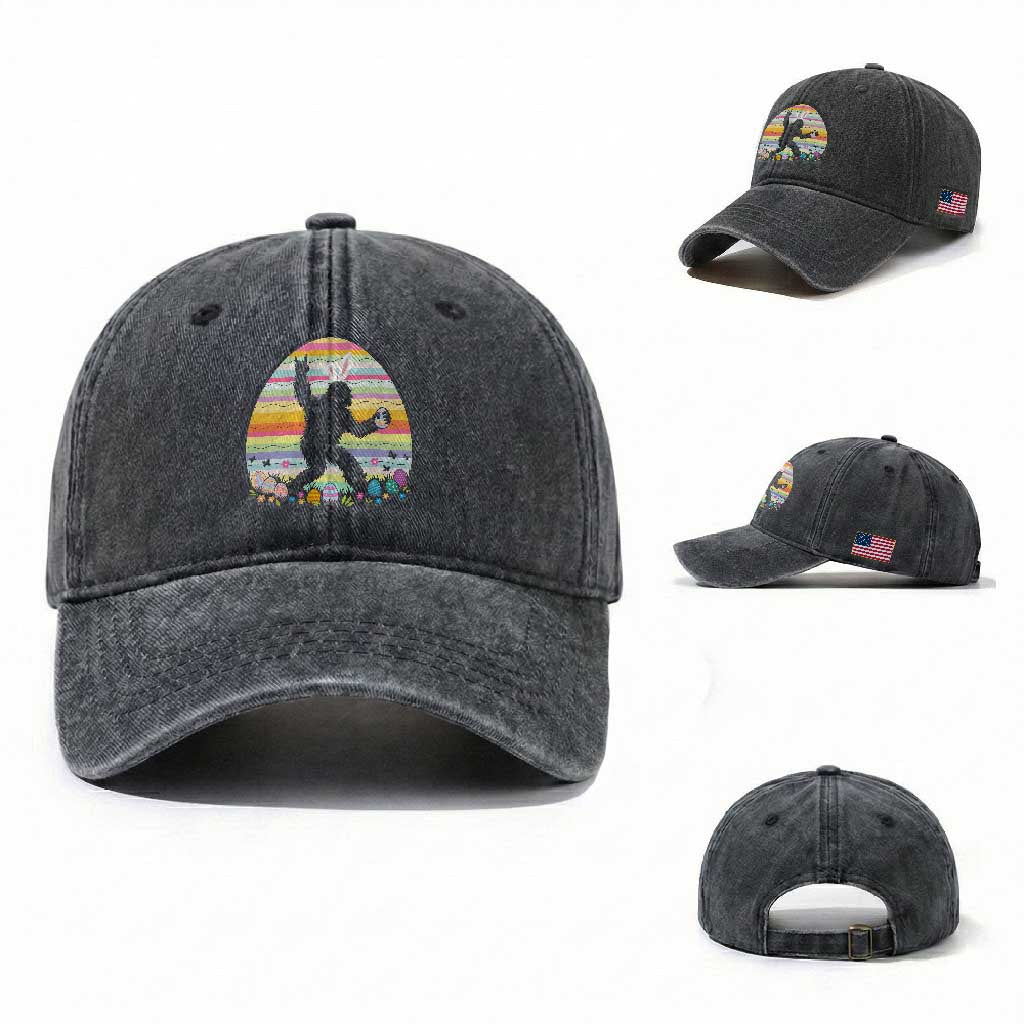 Funny Bigfot Easter Washed Cotton Baseball Cap Sasquatch Rock On Rabbit TS14 Washed Cap Universal Fit Dark Gray Print Your Wear
