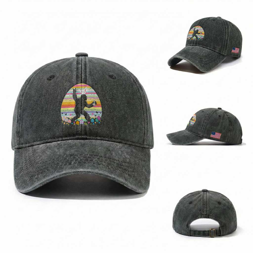 Funny Bigfot Easter Washed Cotton Baseball Cap Sasquatch Rock On Rabbit TS14 Washed Cap Universal Fit Dark Green Print Your Wear
