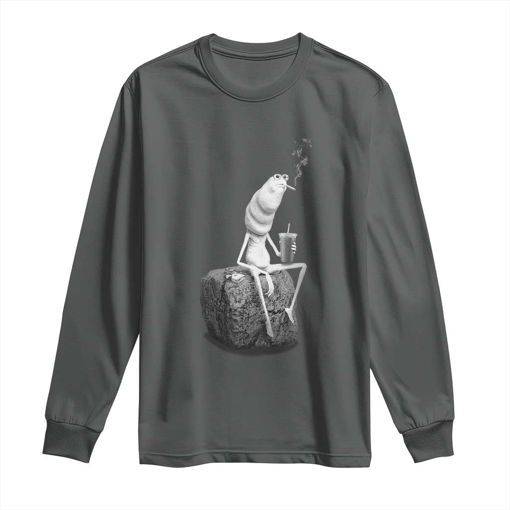 Marcus The Worm Drinking Iced Coffee Meme Long Sleeve Shirt TS14 Dark Heather Print Your Wear
