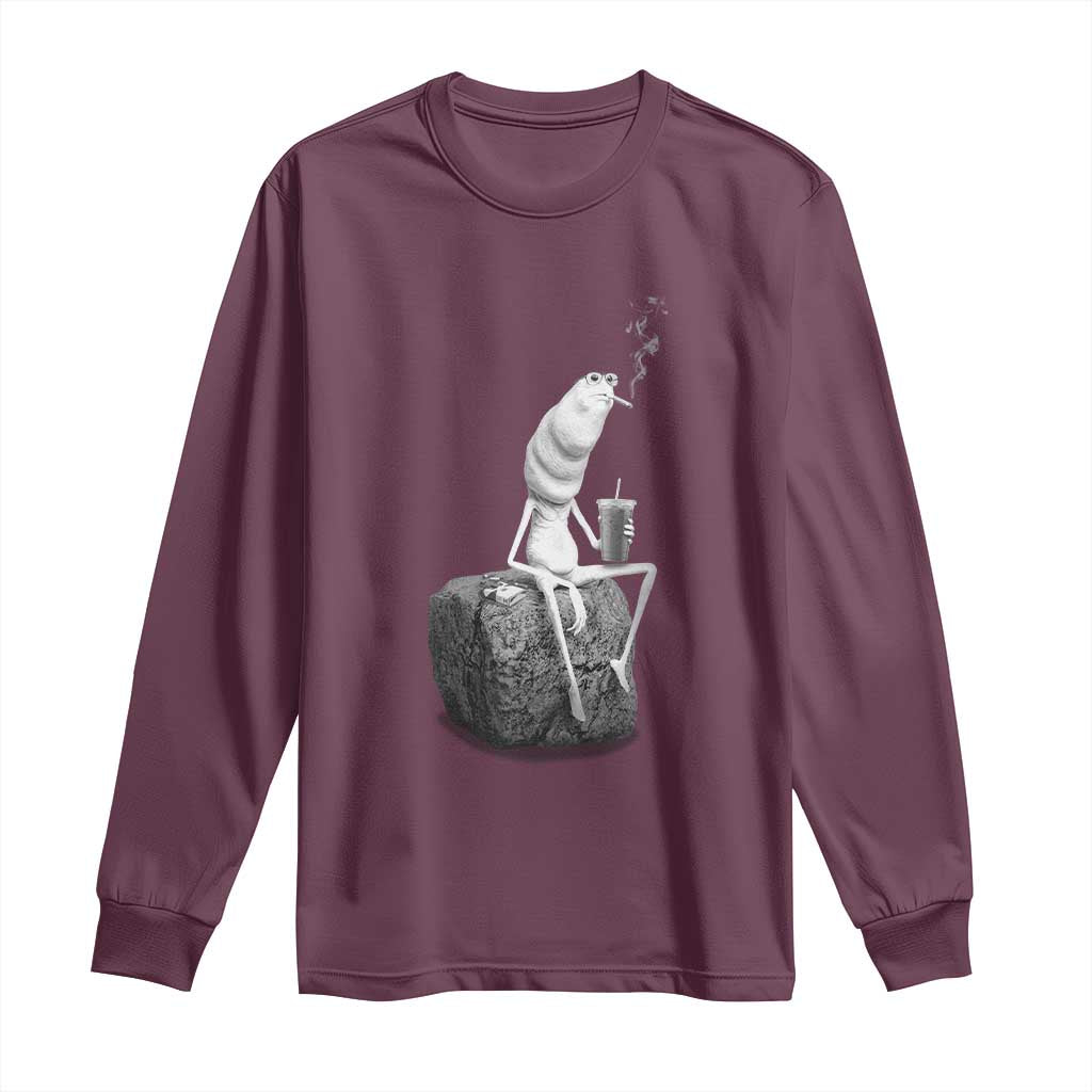 Marcus The Worm Drinking Iced Coffee Meme Long Sleeve Shirt TS14 Maroon Print Your Wear
