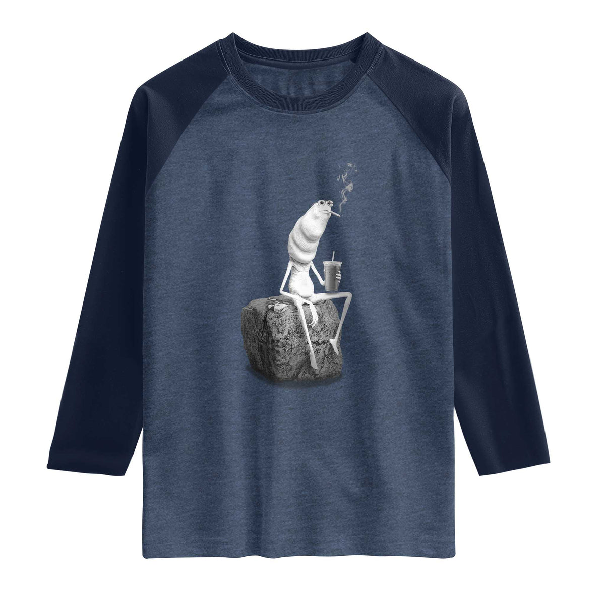 Marcus The Worm Drinking Iced Coffee Meme Raglan Shirt TS14 Heather Denim Navy Print Your Wear