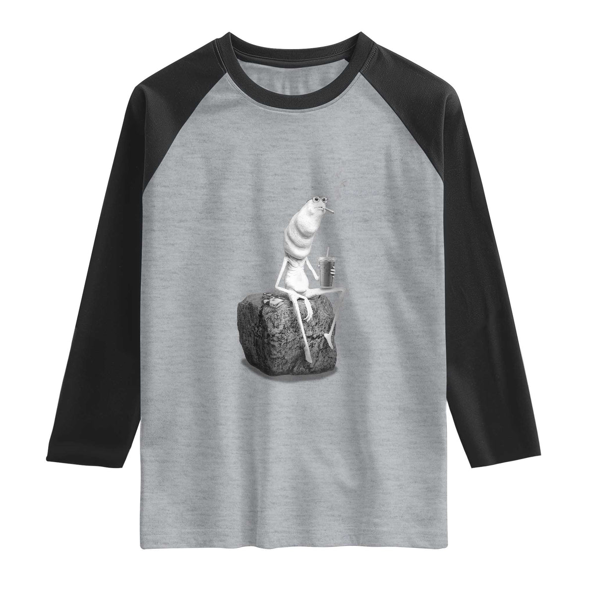 Marcus The Worm Drinking Iced Coffee Meme Raglan Shirt TS14 Heather Gray Black Print Your Wear