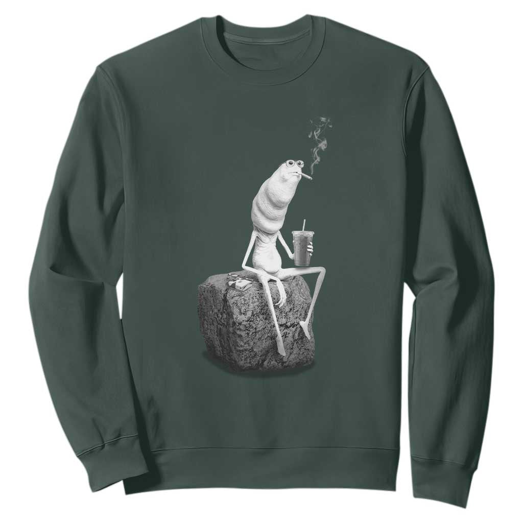 Marcus The Worm Drinking Iced Coffee Meme Sweatshirt TS14 Dark Forest Green Print Your Wear