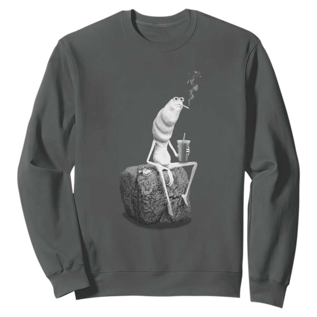 Marcus The Worm Drinking Iced Coffee Meme Sweatshirt TS14 Dark Heather Print Your Wear