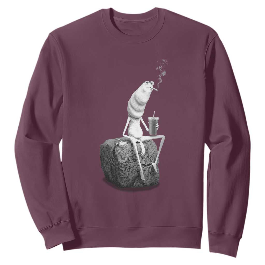 Marcus The Worm Drinking Iced Coffee Meme Sweatshirt TS14 Maroon Print Your Wear
