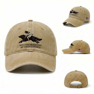 May Our Daughters Be Ungovernable Washed Cotton Baseball Cap Girl Riding Wolf Activist Feminist Protest TS14 Washed Cap Universal Fit Khaki Print Your Wear