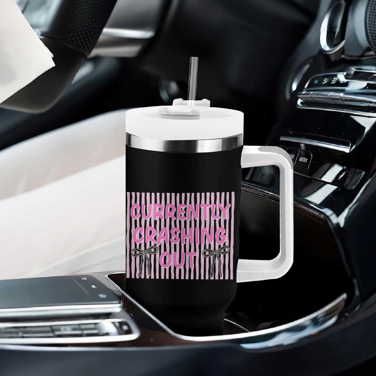 Currently Crashing Out Tumbler With Handle Coquette Pink Bow Sarcastic Funny Quote TS14 Print Your Wear