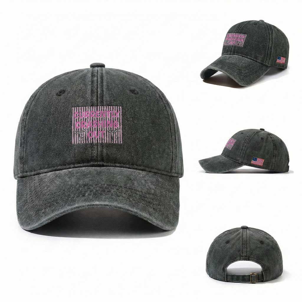 Currently Crashing Out Washed Cotton Baseball Cap Coquette Pink Bow Sarcastic Funny Quote TS14 Washed Cap Universal Fit Dark Green Print Your Wear