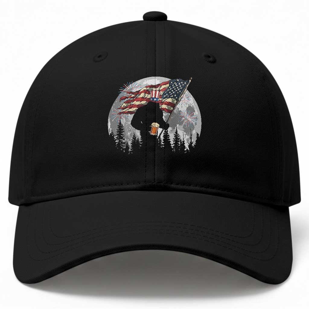 Bigfoot Drinking Beer 4th of July Baseball Cap Sasquatch Hiking Moon American Flag TS14 Print Your Wear