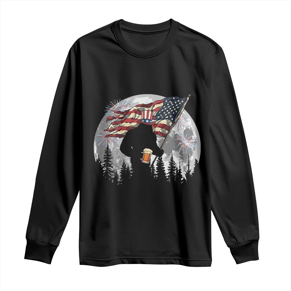 Bigfoot Drinking Beer 4th of July Long Sleeve Shirt Sasquatch Hiking Moon American Flag TS14 Black Print Your Wear