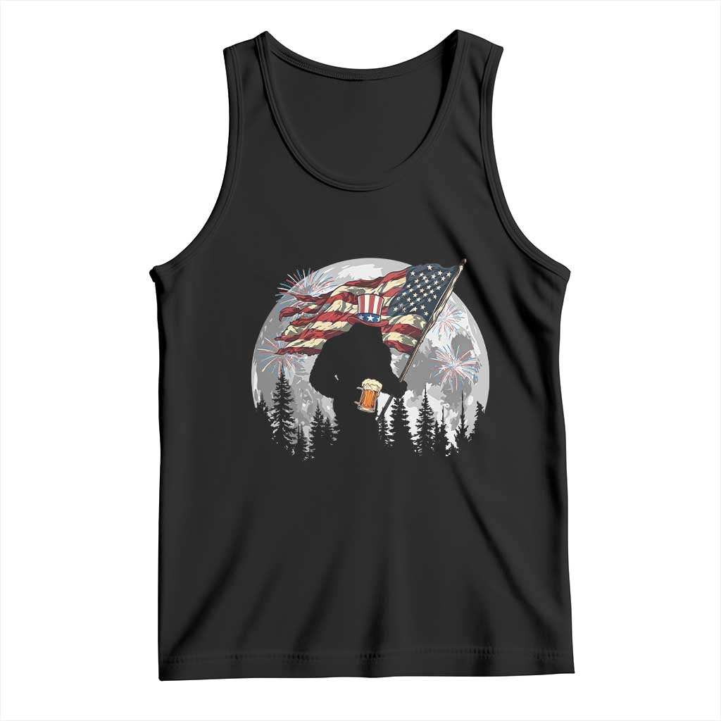 Bigfoot Drinking Beer 4th of July Tank Top Sasquatch Hiking Moon American Flag TS14 Black Print Your Wear
