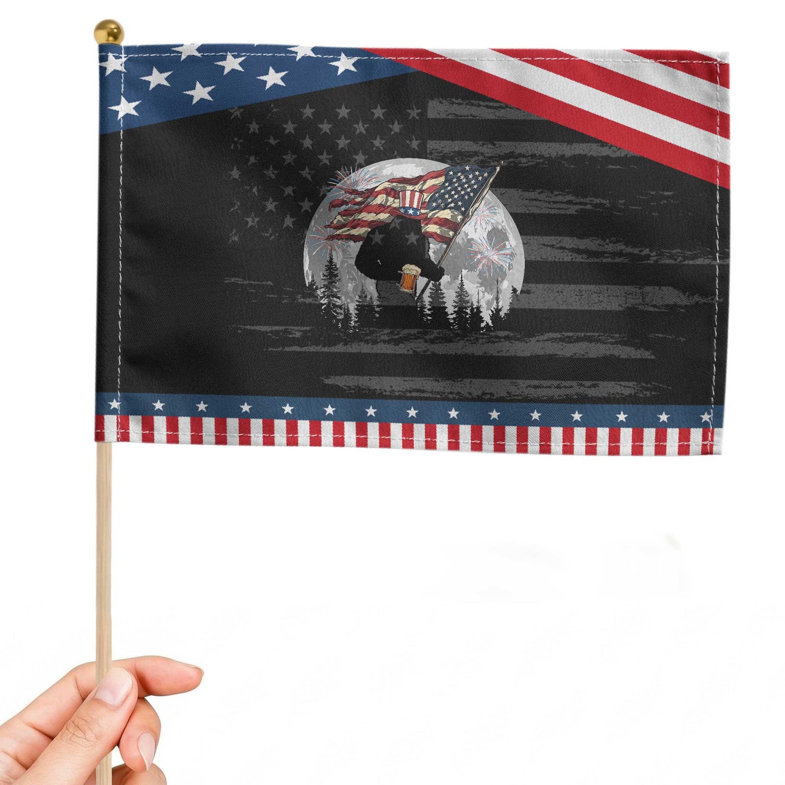 Bigfoot Drinking Beer 4th of July Patriotic Handheld Flag Sasquatch Hiking Moon American Flag TS14 Distressed 8.2