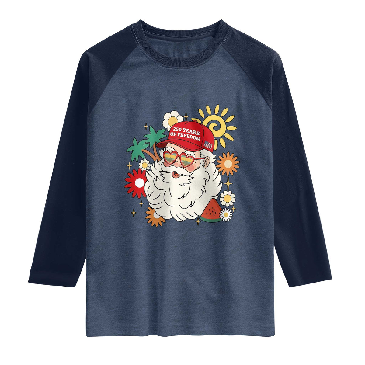 USA 250th Anniversary Santa Christmas In July Raglan Shirt TS14 Heather Denim Navy Print Your Wear