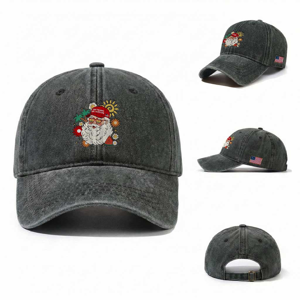 USA 250th Anniversary Santa Christmas In July Washed Cotton Baseball Cap TS14 Washed Cap Universal Fit Dark Green Print Your Wear