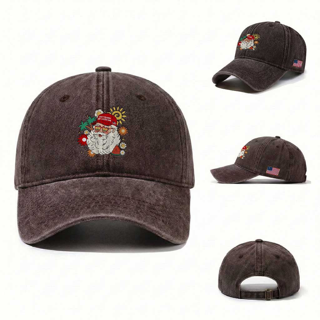 USA 250th Anniversary Santa Christmas In July Washed Cotton Baseball Cap TS14 Washed Cap Universal Fit Dark Brown Print Your Wear