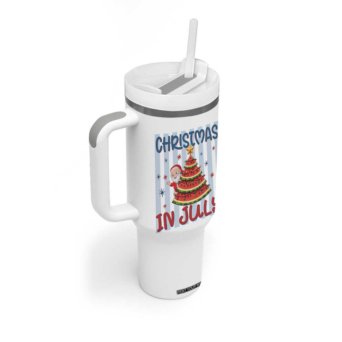 Funny Santa Christmas in July Tumbler With Handle Melon Christmas Tree Summer TS14 Print Your Wear