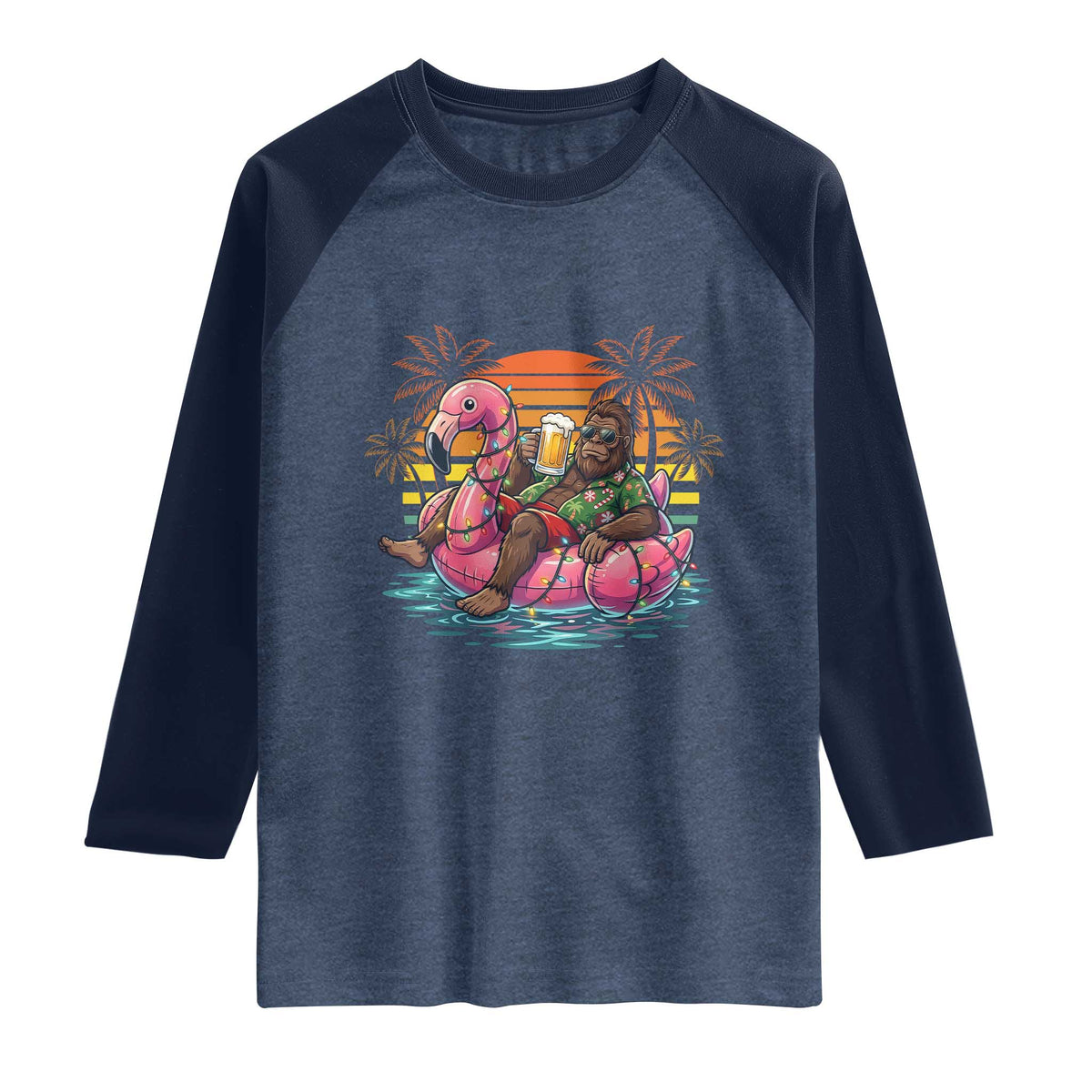 Funny Bigfoot Drinking Beer Christmas in July Raglan Shirt TS14 Heather Denim Navy Print Your Wear