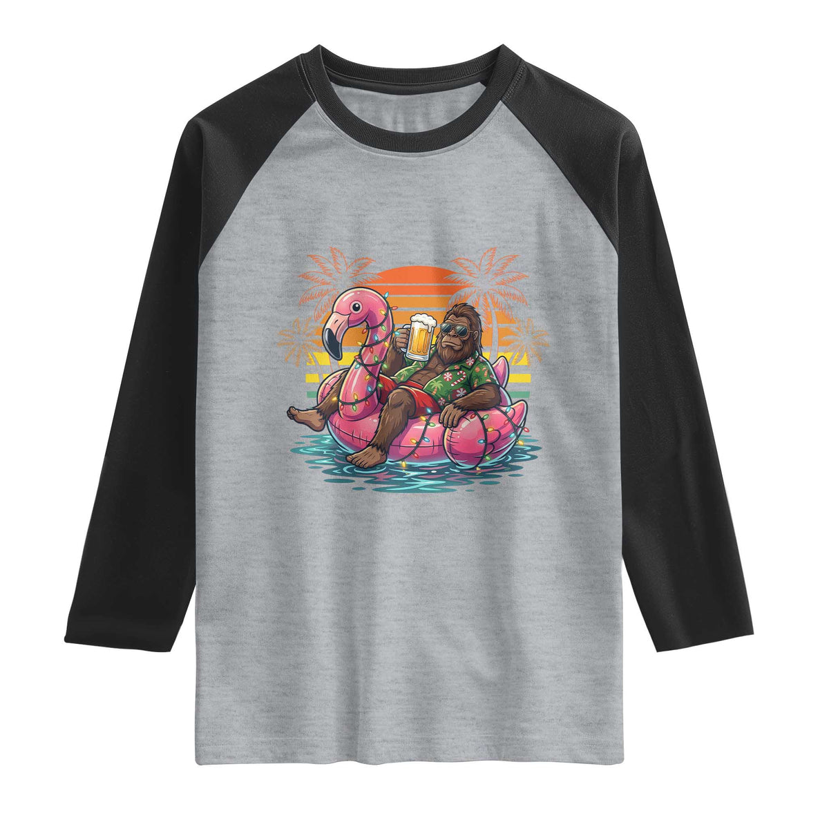 Funny Bigfoot Drinking Beer Christmas in July Raglan Shirt TS14 Heather Gray Black Print Your Wear