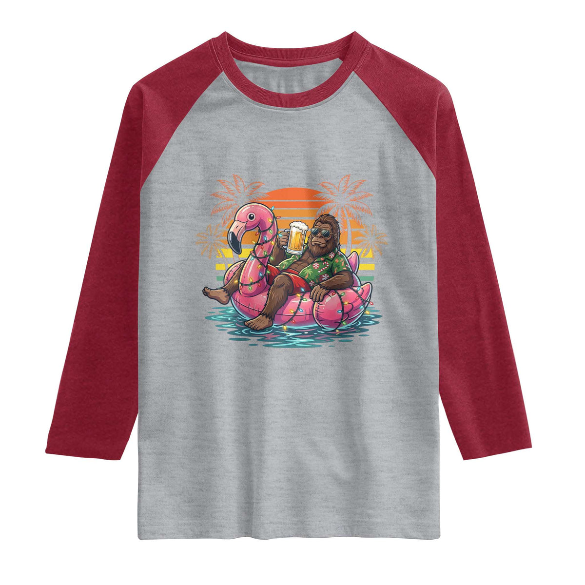 Funny Bigfoot Drinking Beer Christmas in July Raglan Shirt TS14 Heather Gray Heather Red Print Your Wear