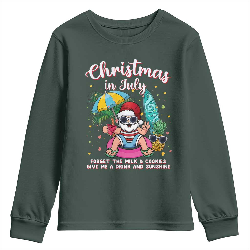 Christmas in July Santa Youth Sweatshirt Palm Tree Beach Summer Hawaii TS14 Dark Forest Green Print Your Wear