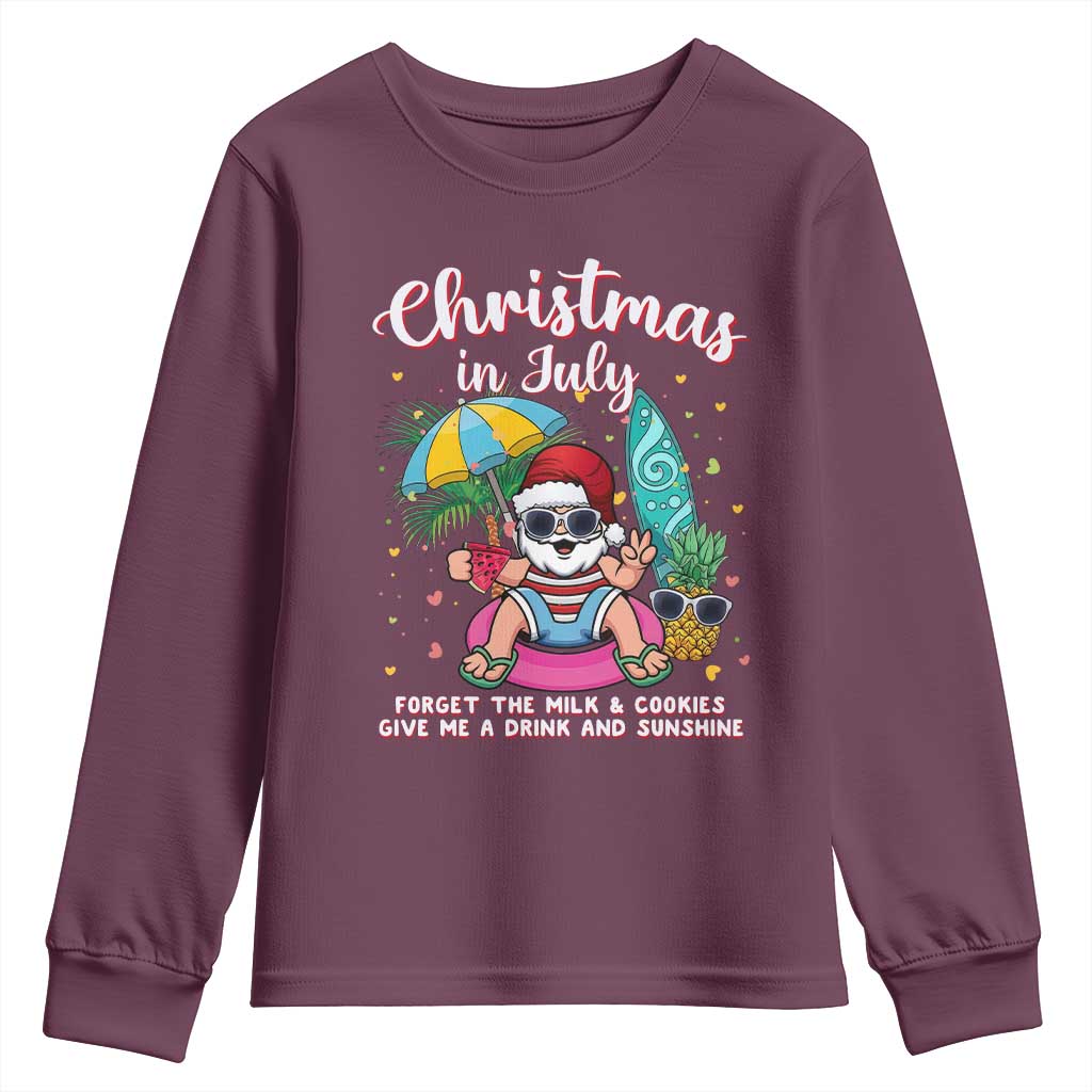 Christmas in July Santa Youth Sweatshirt Palm Tree Beach Summer Hawaii TS14 Maroon Print Your Wear