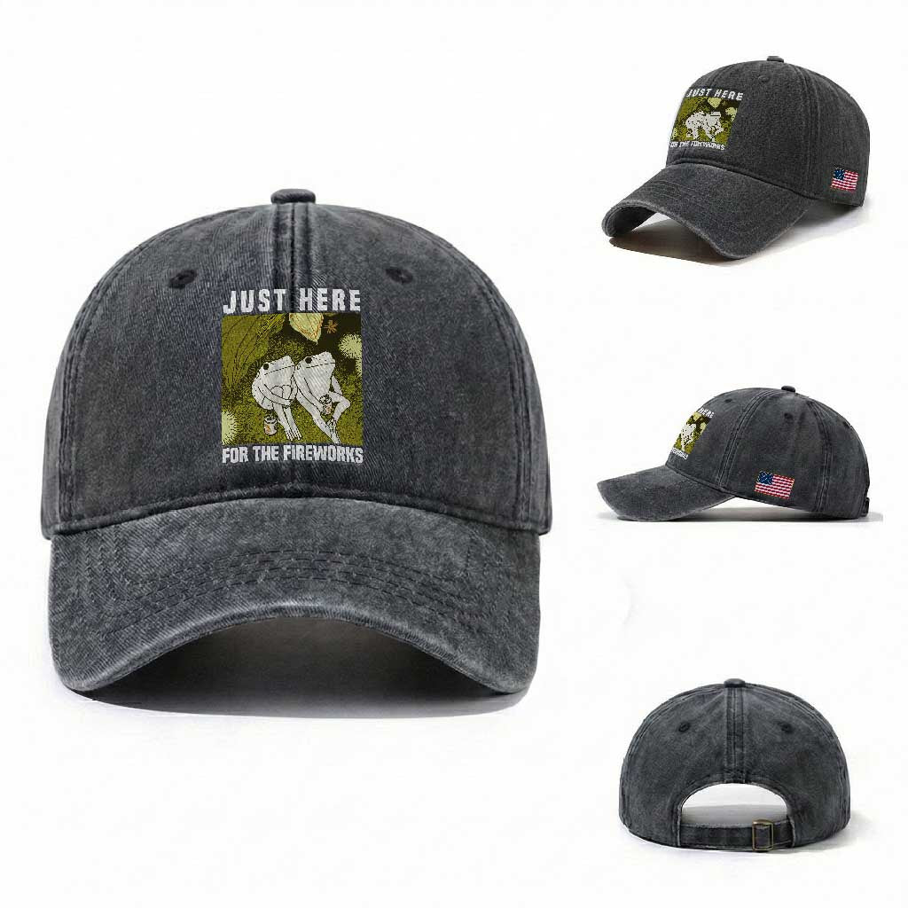 Funny Frog 4th of July Washed Cotton Baseball Cap Just Here For The Fireworks TS14 Washed Cap Universal Fit Dark Gray Print Your Wear