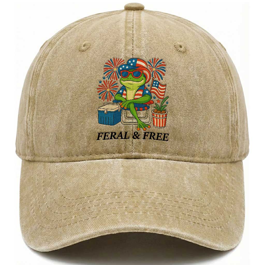 Feral & Free Washed Cotton Baseball Cap Funny 4th of July Patriotic Frog Lovers TS14 Washed Cap Universal Fit Khaki Print Your Wear