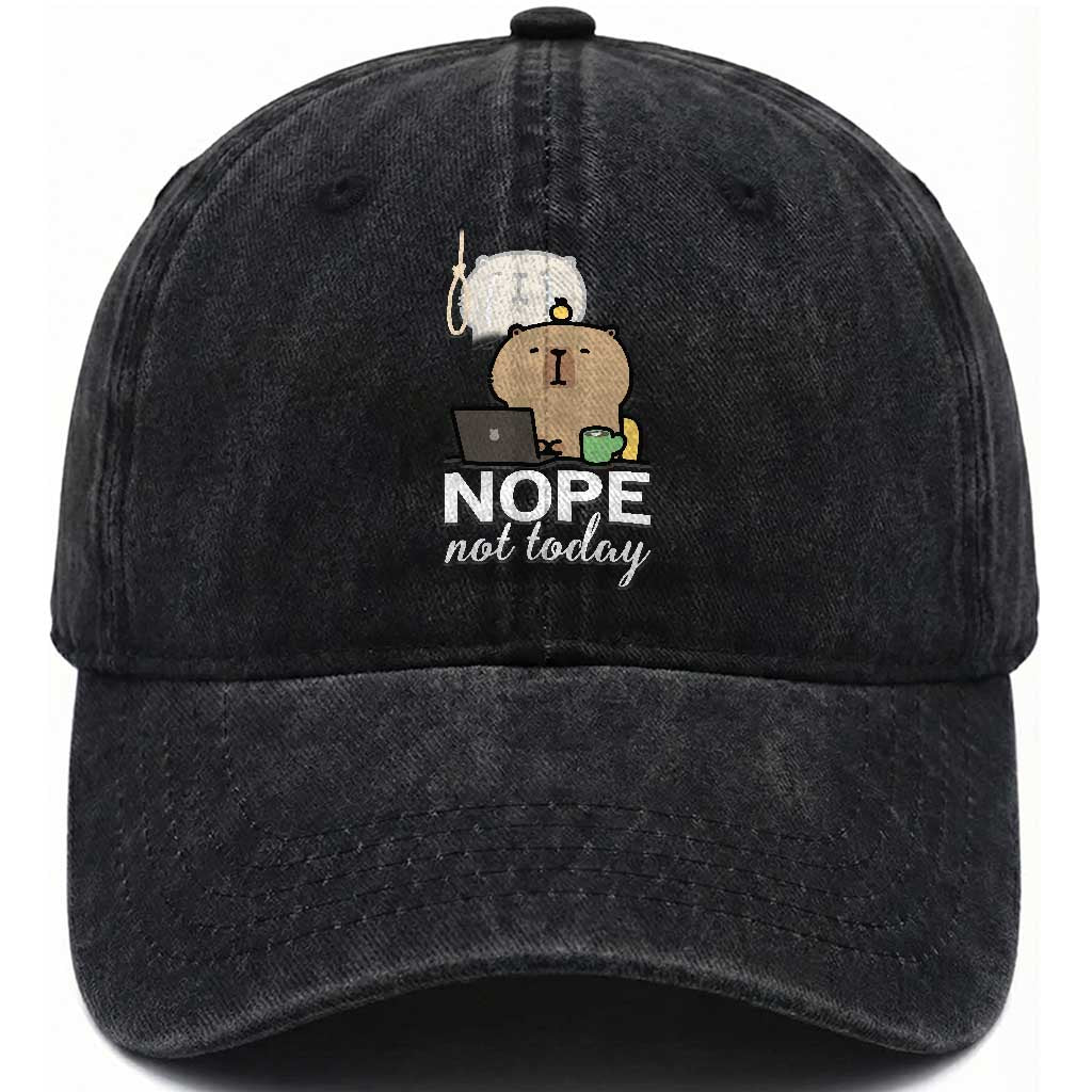 Nope Not Today Washed Cotton Baseball Cap Funny Lazy Capybara Meme TS14 Washed Cap Universal Fit Black Print Your Wear