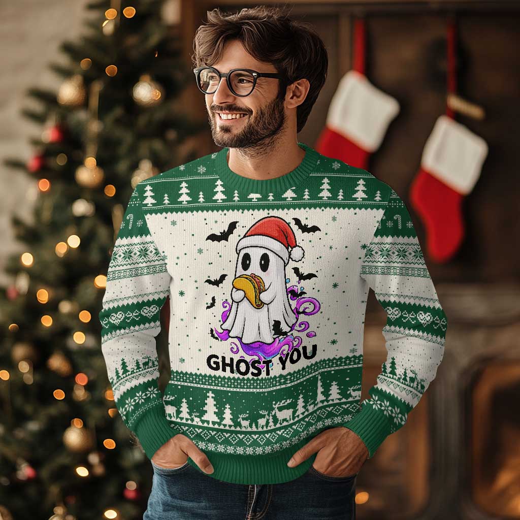 Funny Ghost Halloween Xmas Ugly Christmas Sweater Ghost You TS14 Beige Green Print Your Wear