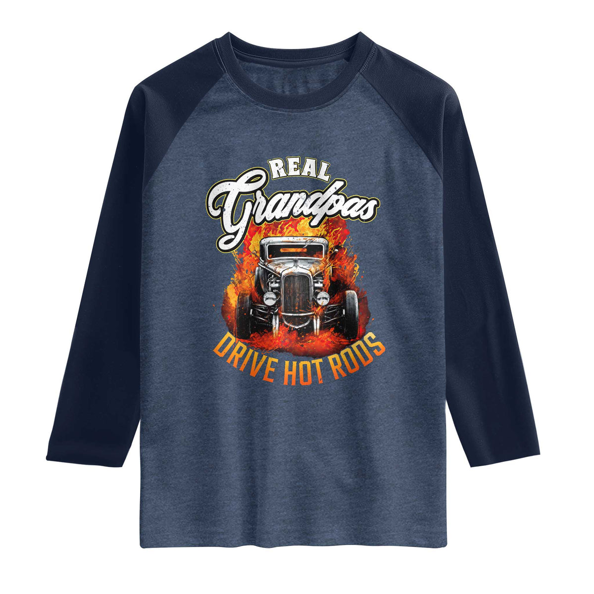 Real Grandpas Drive Hotrods Raglan Shirt Vintage 1932 Hotrod TS14 Heather Denim Navy Print Your Wear